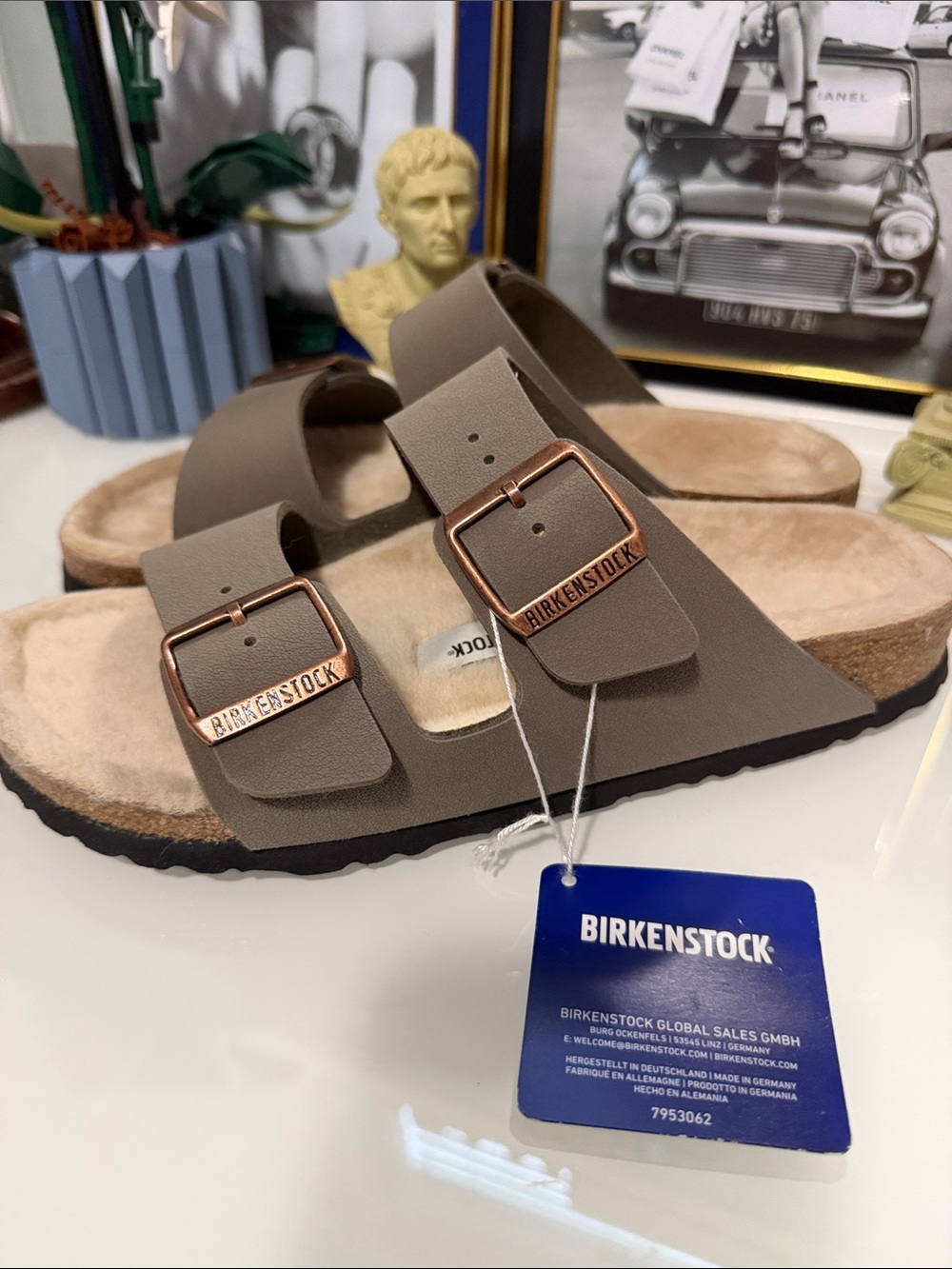 Birkenstock Women’s Taupe Two-Strap Sandals with Rose Gold Buckles - Shearling! - Picture 9 of 9